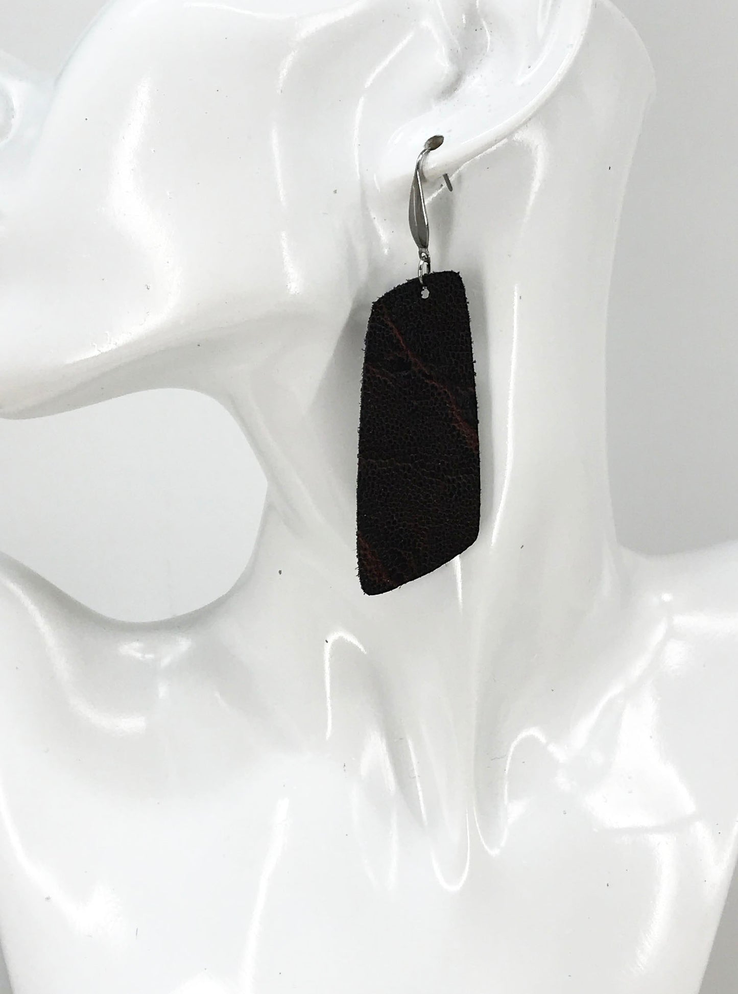 Maroon & Black Cherry Elephant Angled Bar Leather Earrings