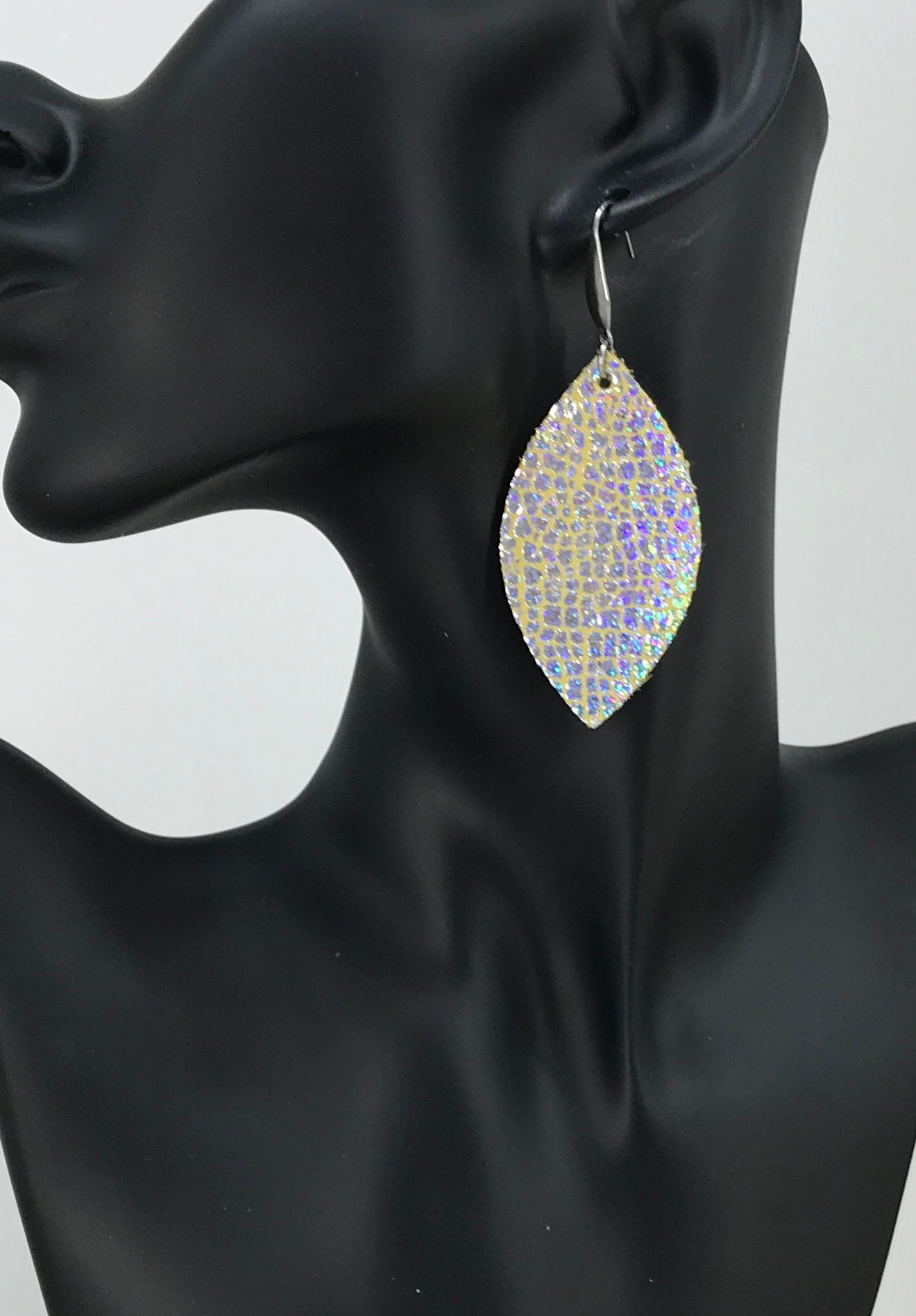 Silver Halo Iridescent Marquise Leather Earrings