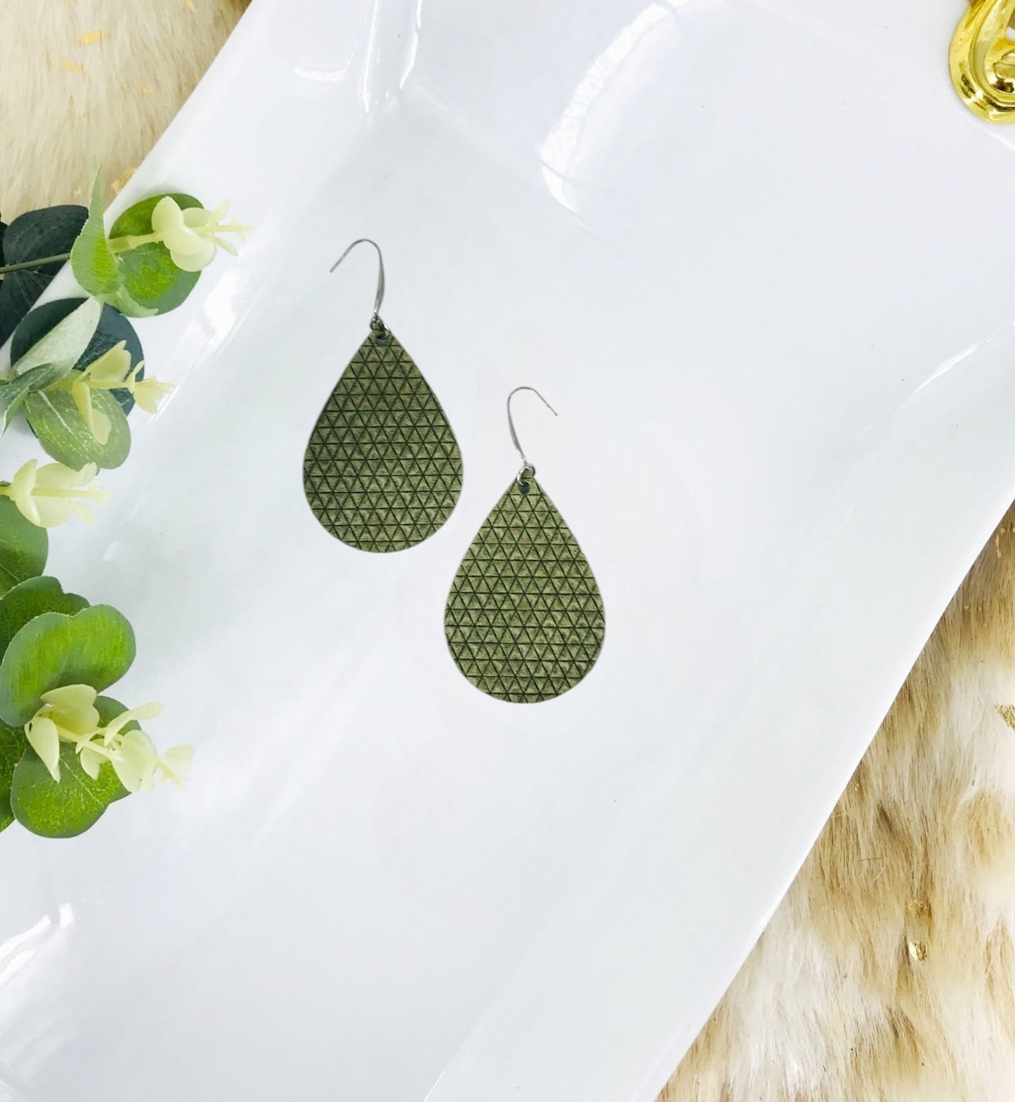 Khaki Mini Triangle Italian Leather Earrings - E19-1338