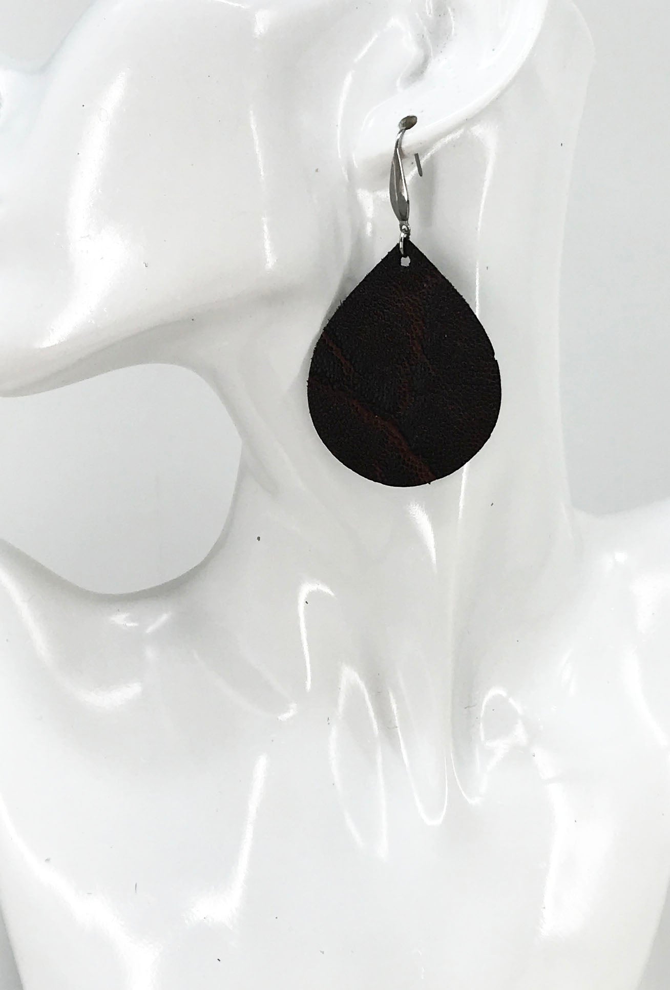 Maroon Black Cherry Teardrop Elephant Leather Earrings
