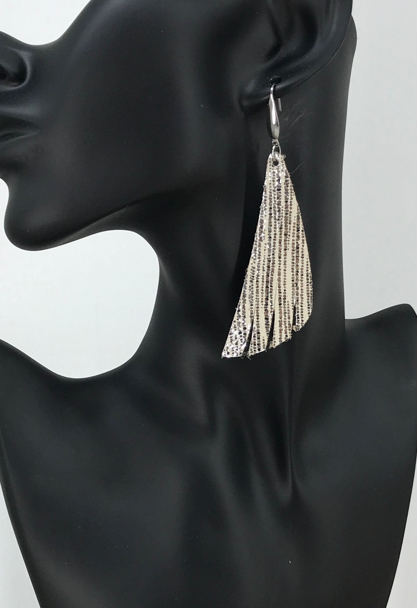Rainy Day Silver Stripe Fringe Leather Earrings