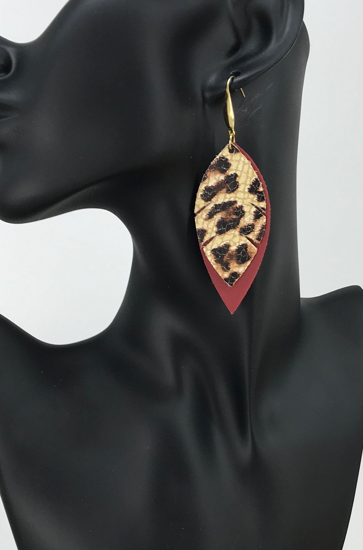 Cranberry Leopard Layered Leaf Earrings