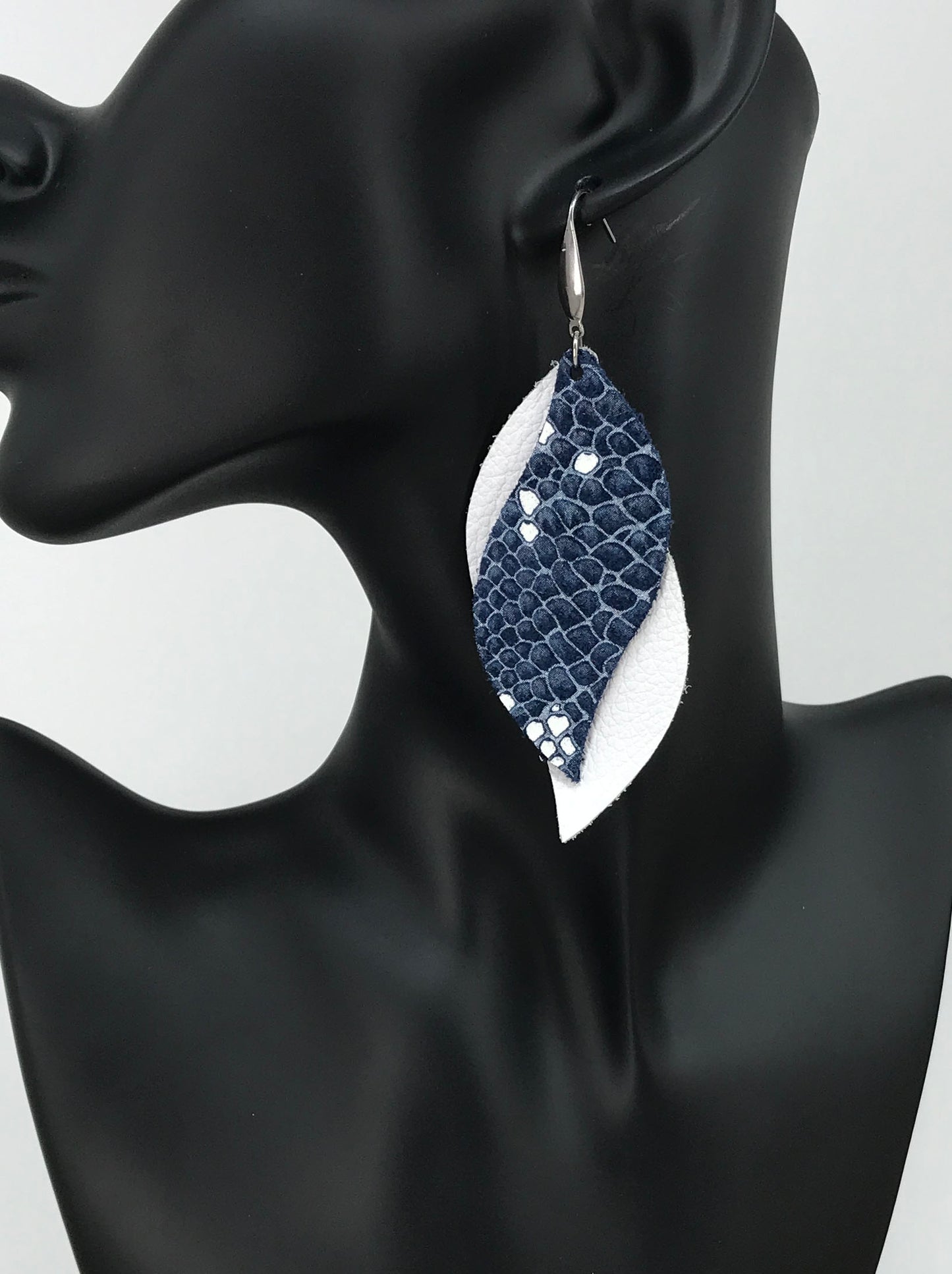 White Leather and Navy Snake Leather Earrings - E19-1356