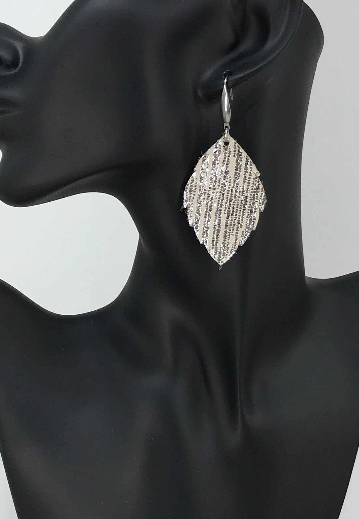 Rainy Day Silver Stripe Leaf Leather Earrings