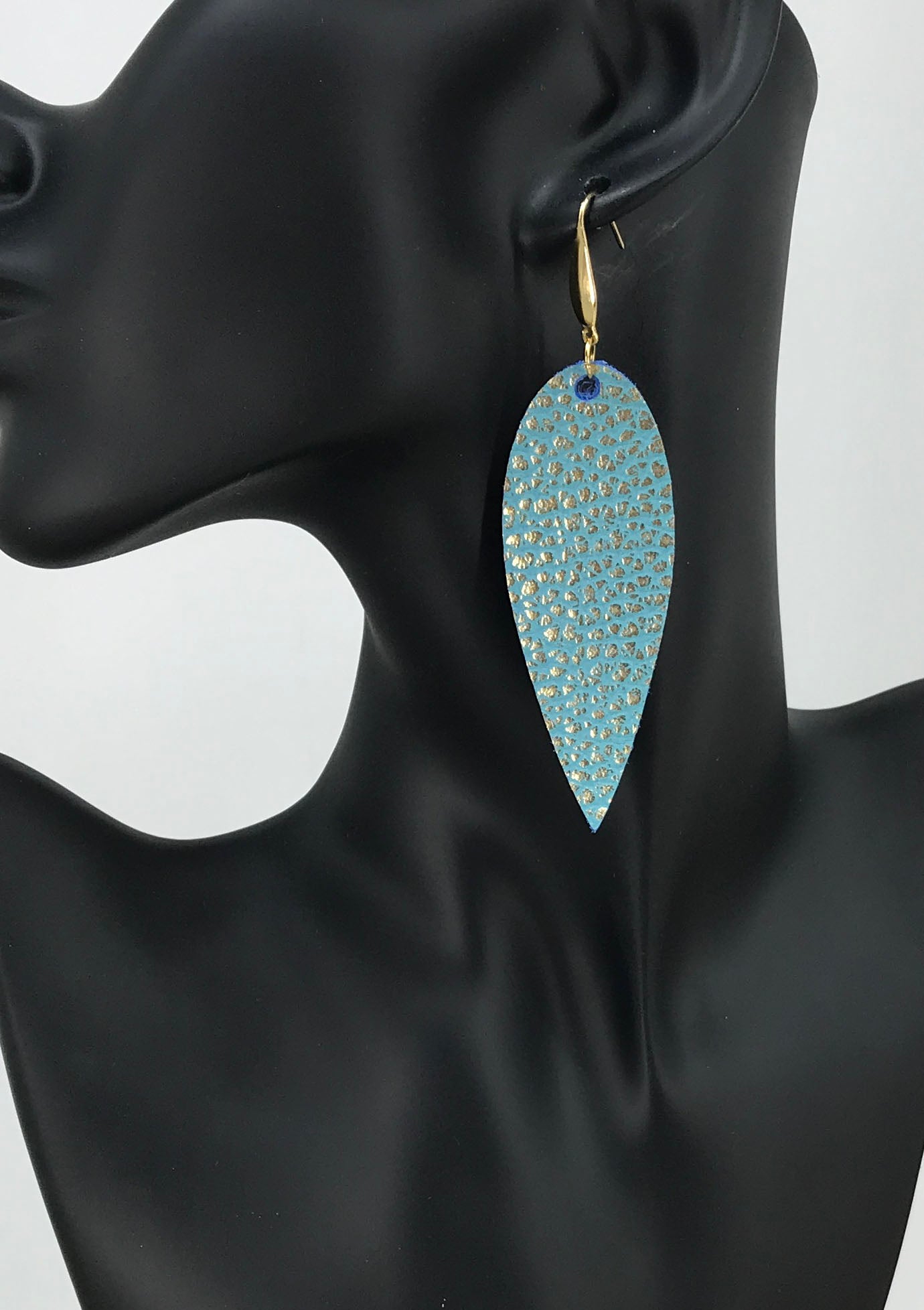 Mint and Gold Metallic Pointed Leaf Leather Earrings
