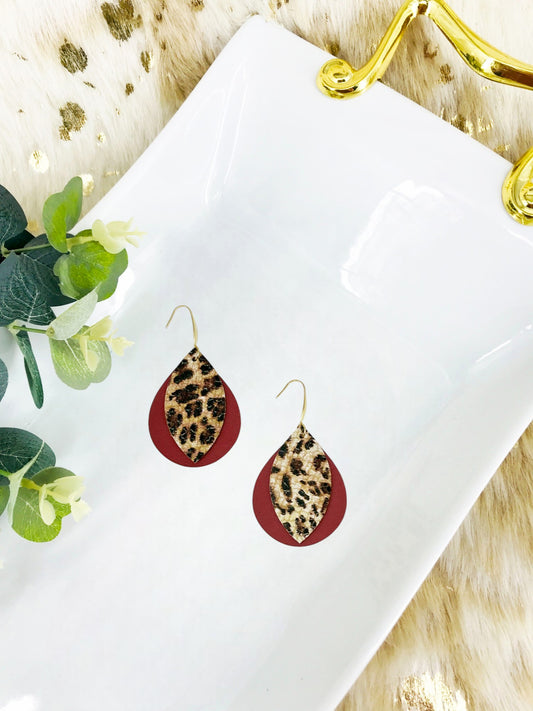 Cranberry Leather and Banana Leopard Leather Earrings - E19-1367
