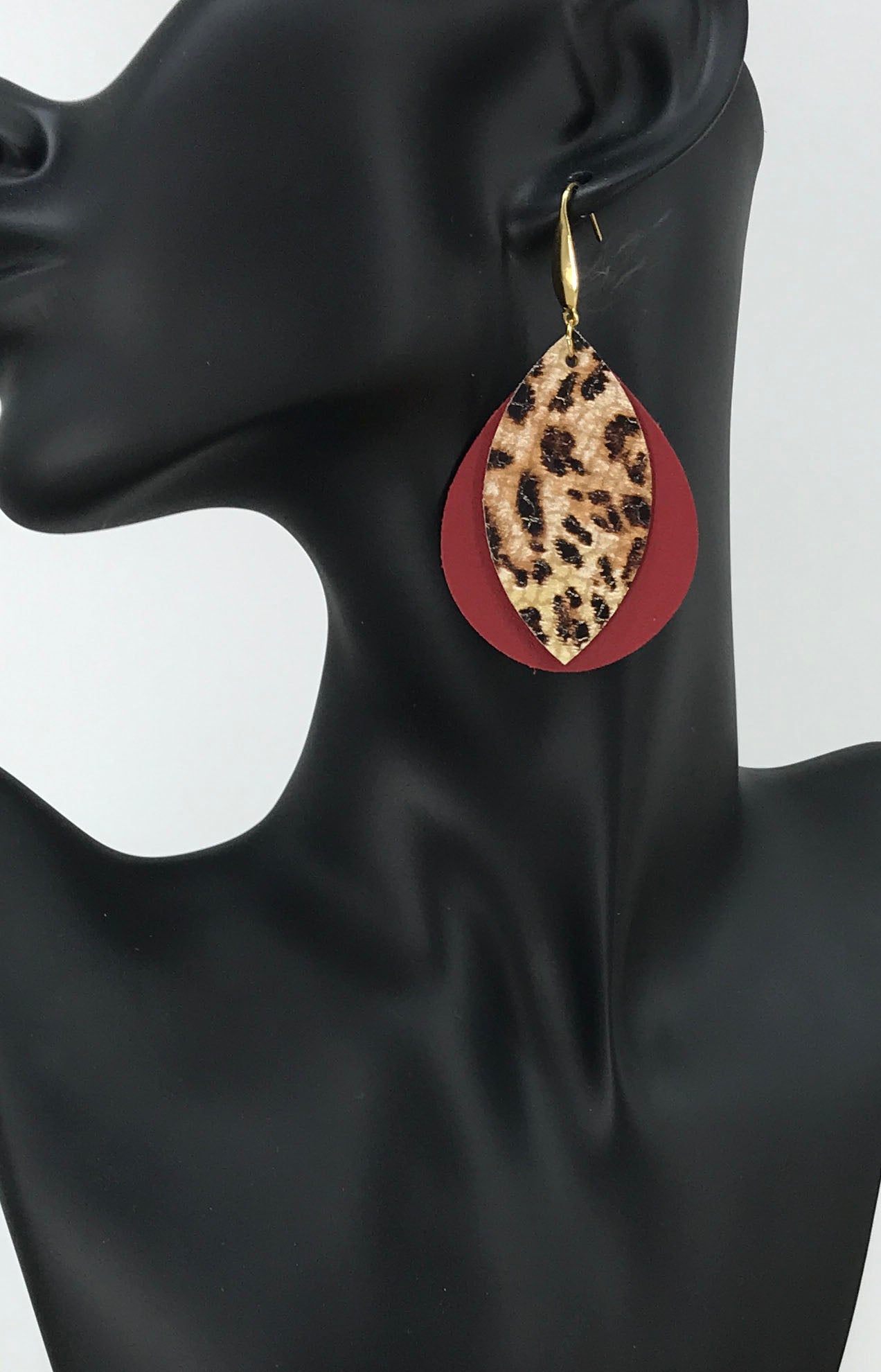 Cranberry Leather and Banana Leopard Leather Earrings - E19-1367