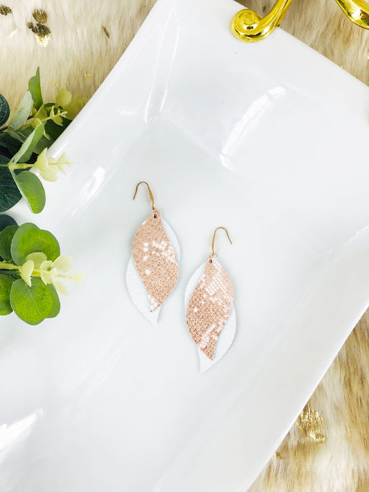 White Leather and Rose Gold Snake Leather Earrings - E19-1369