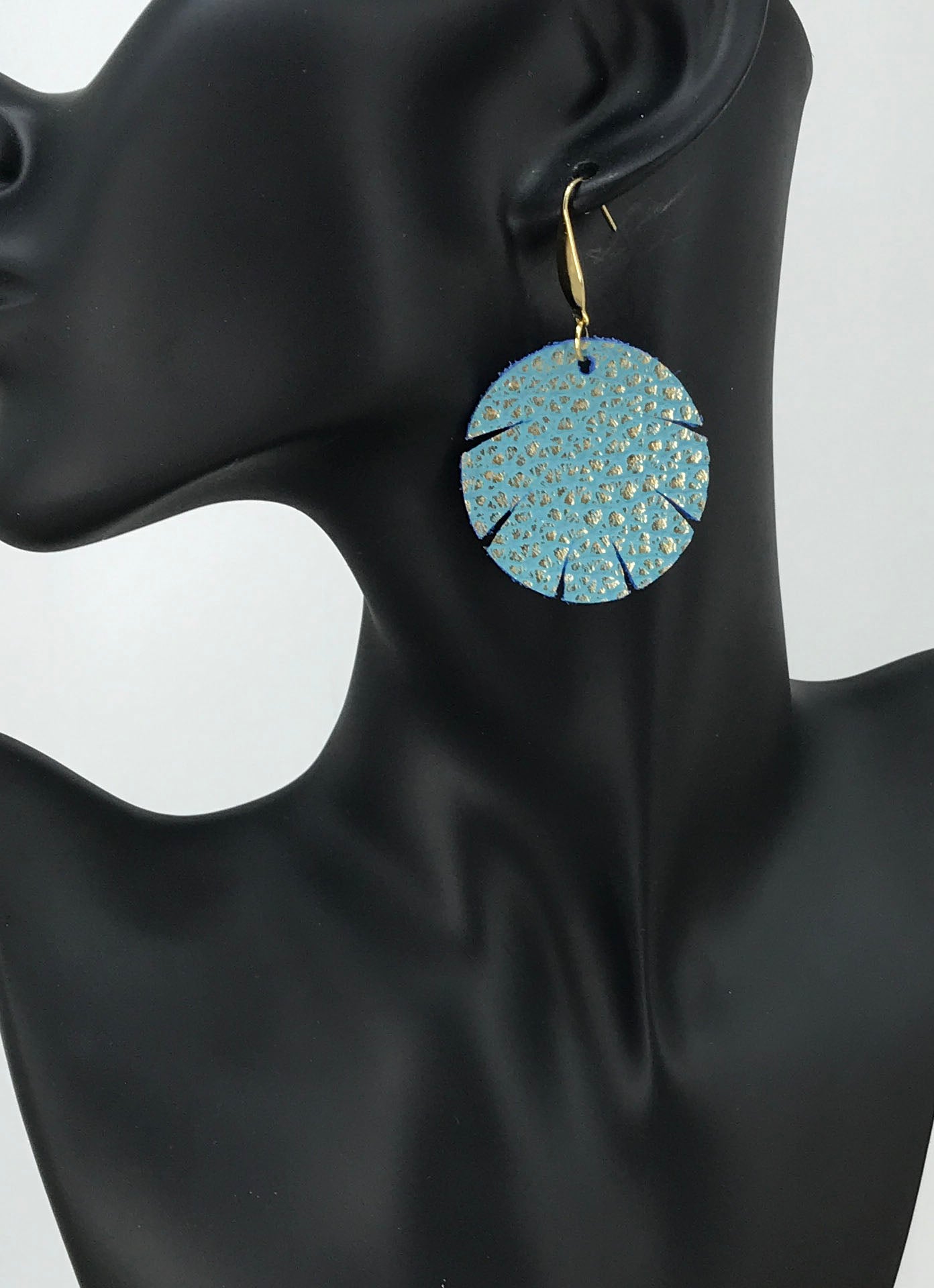 Mint and Gold Metallic Scallop Leather Earrings