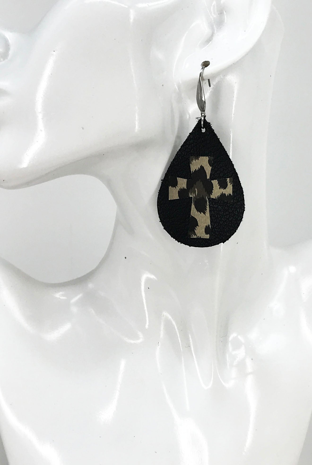 Biker Black Genuine Leather and Gold Cheetah Earrings - E19-1379