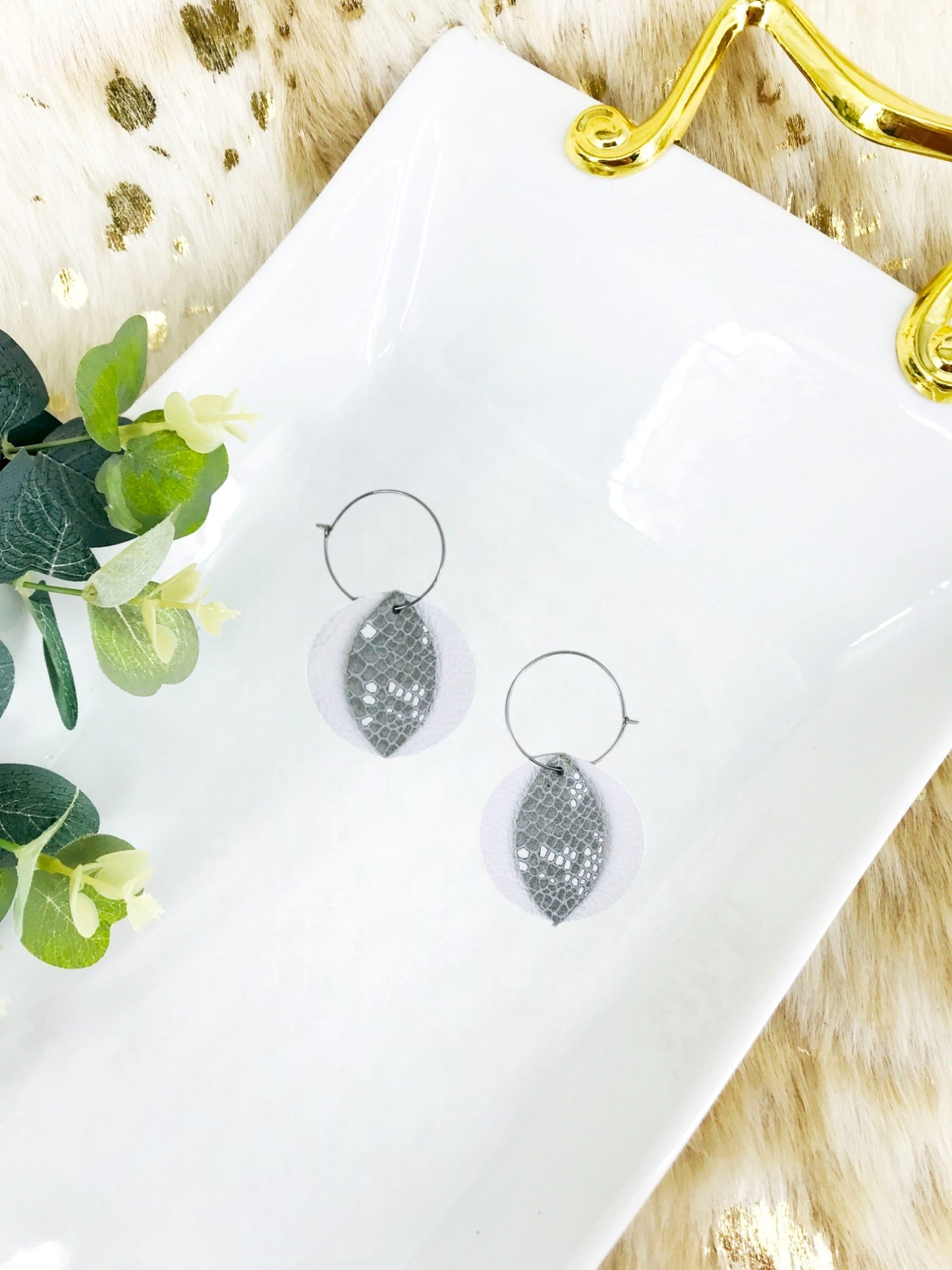 White Leather and Gray Snake Leather Hoop Earrings - E19-1384