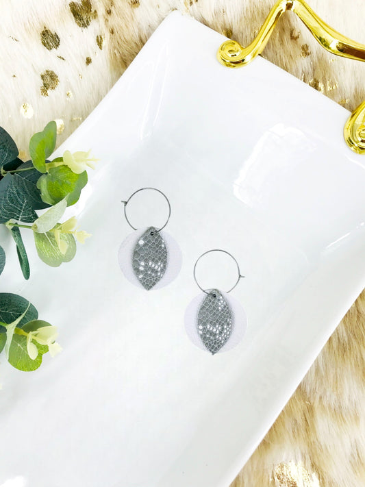 White Leather and Gray Snake Leather Hoop Earrings - E19-1384
