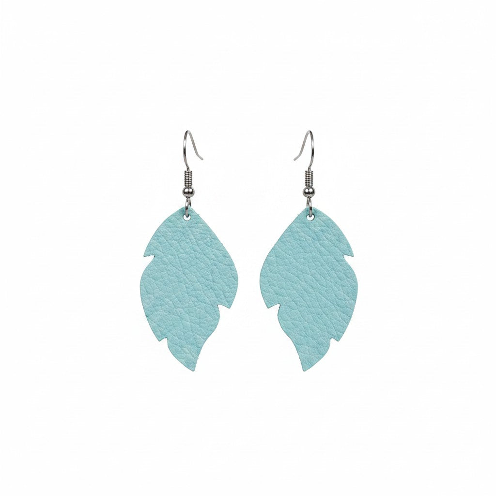 Aqua Feather Genuine Leather Earrings