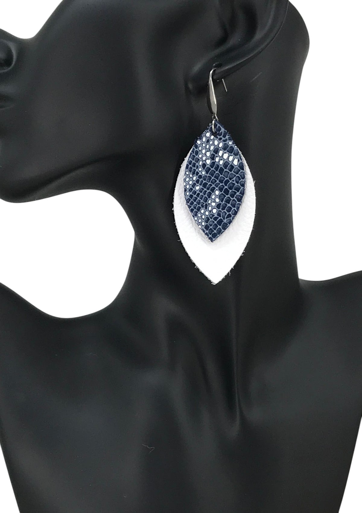 White and Navy Snake Leather Earrings