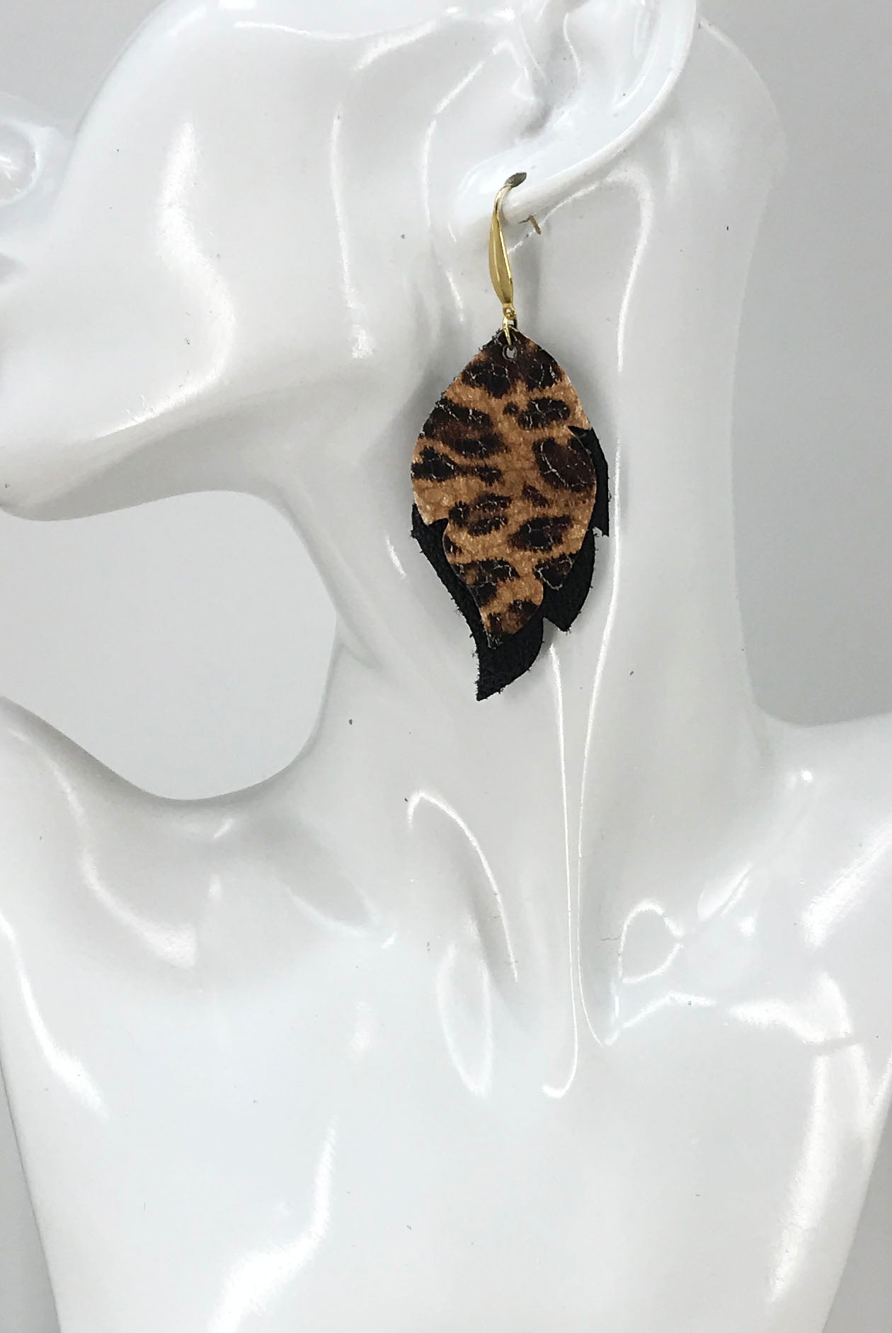 Biker Black Leopard Layered Leaf Earrings