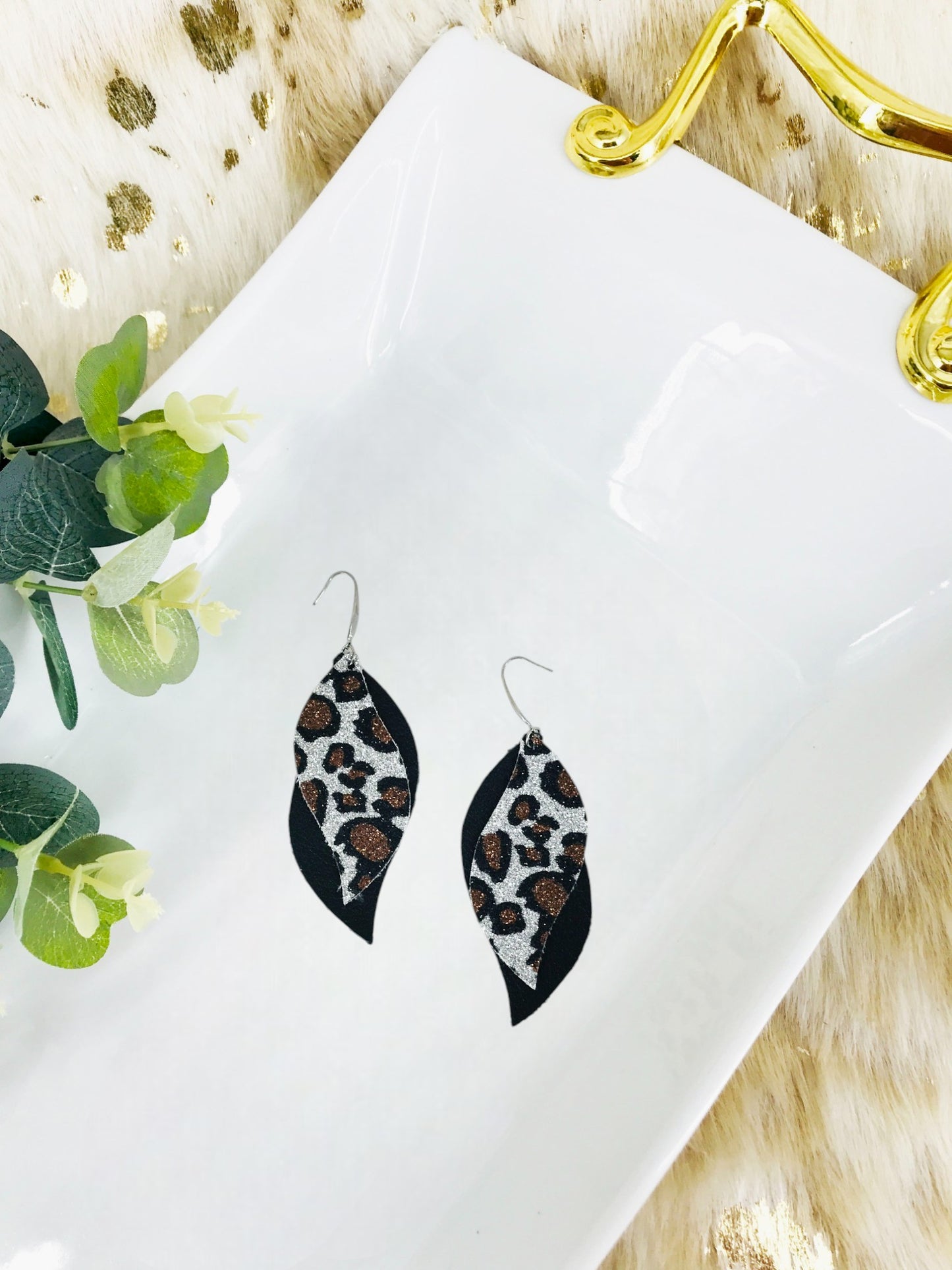 Black Leather and Glitter Leopard Faux Leather Earrings - E19-1419