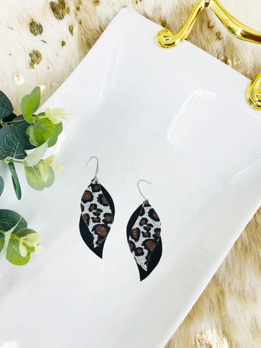 Black Leather and Glitter Leopard Faux Leather Earrings - E19-1419