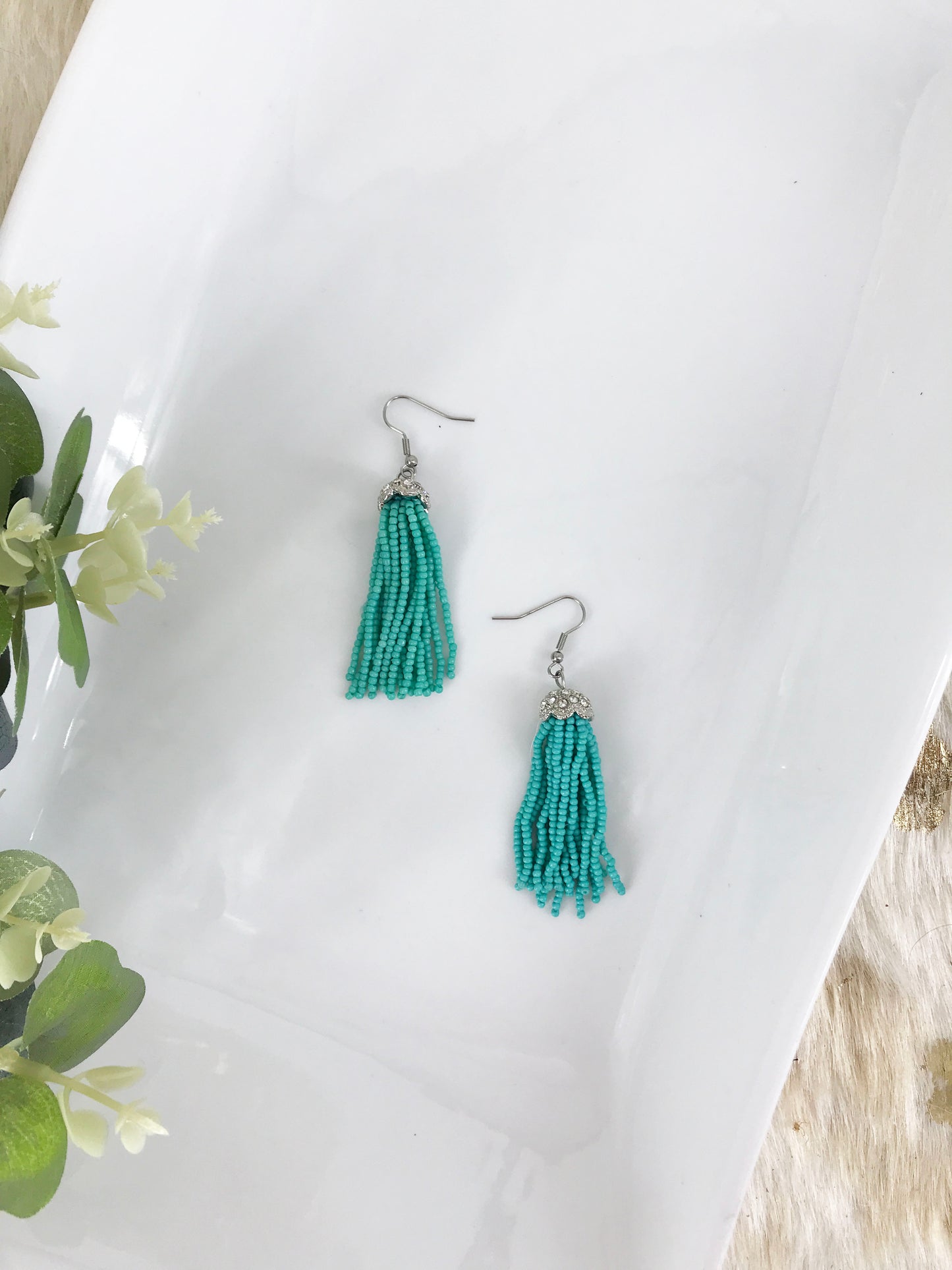 Turquoise Boho Style Glass Bead Tassel Earrings - E19-142