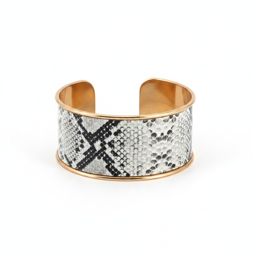 Snake Print Leather Gold Tone Cuff Bracelet