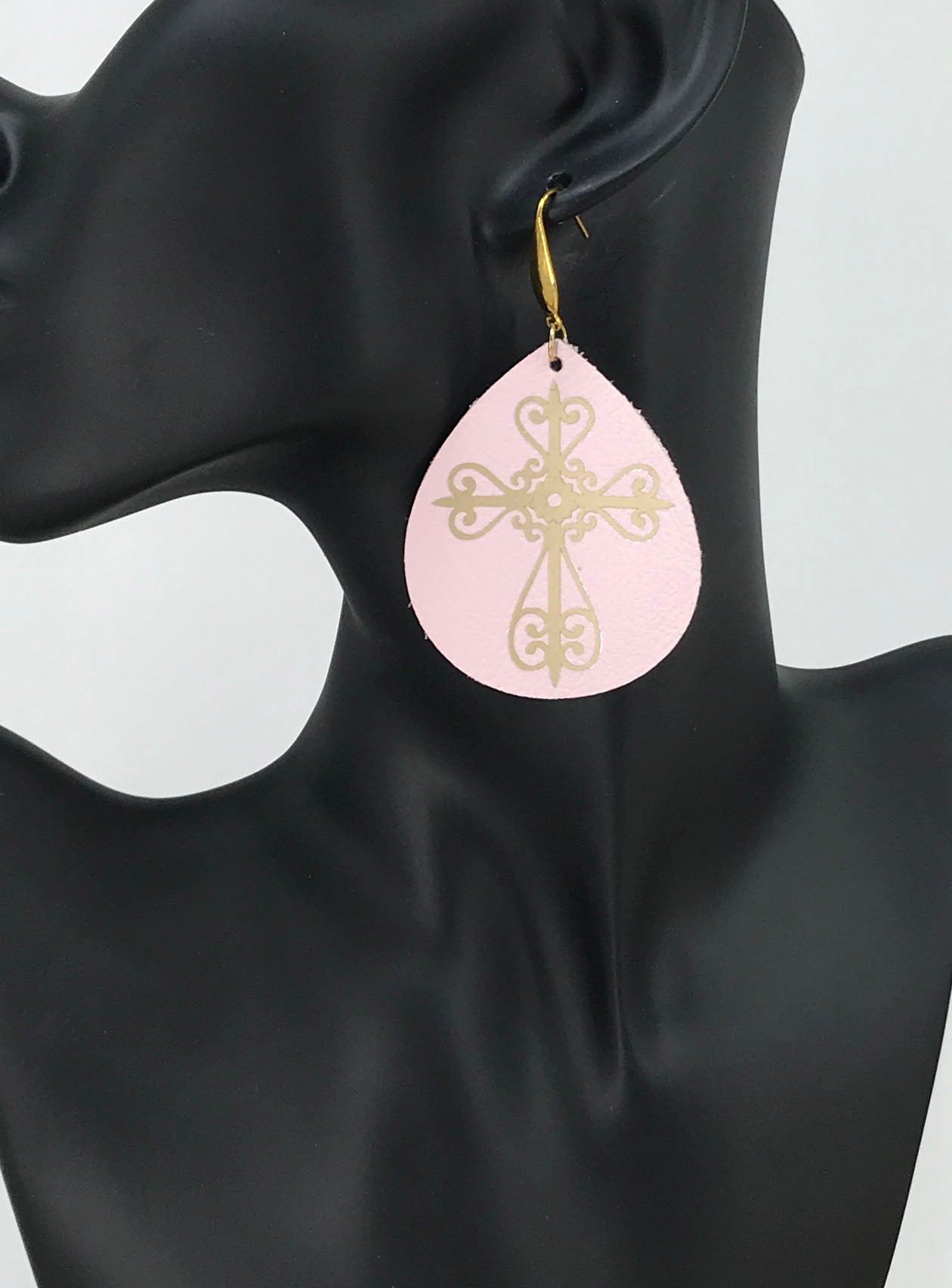 Baby Pink Divine Leather and Gold Cross Accent Leather Earrings - E19-1444