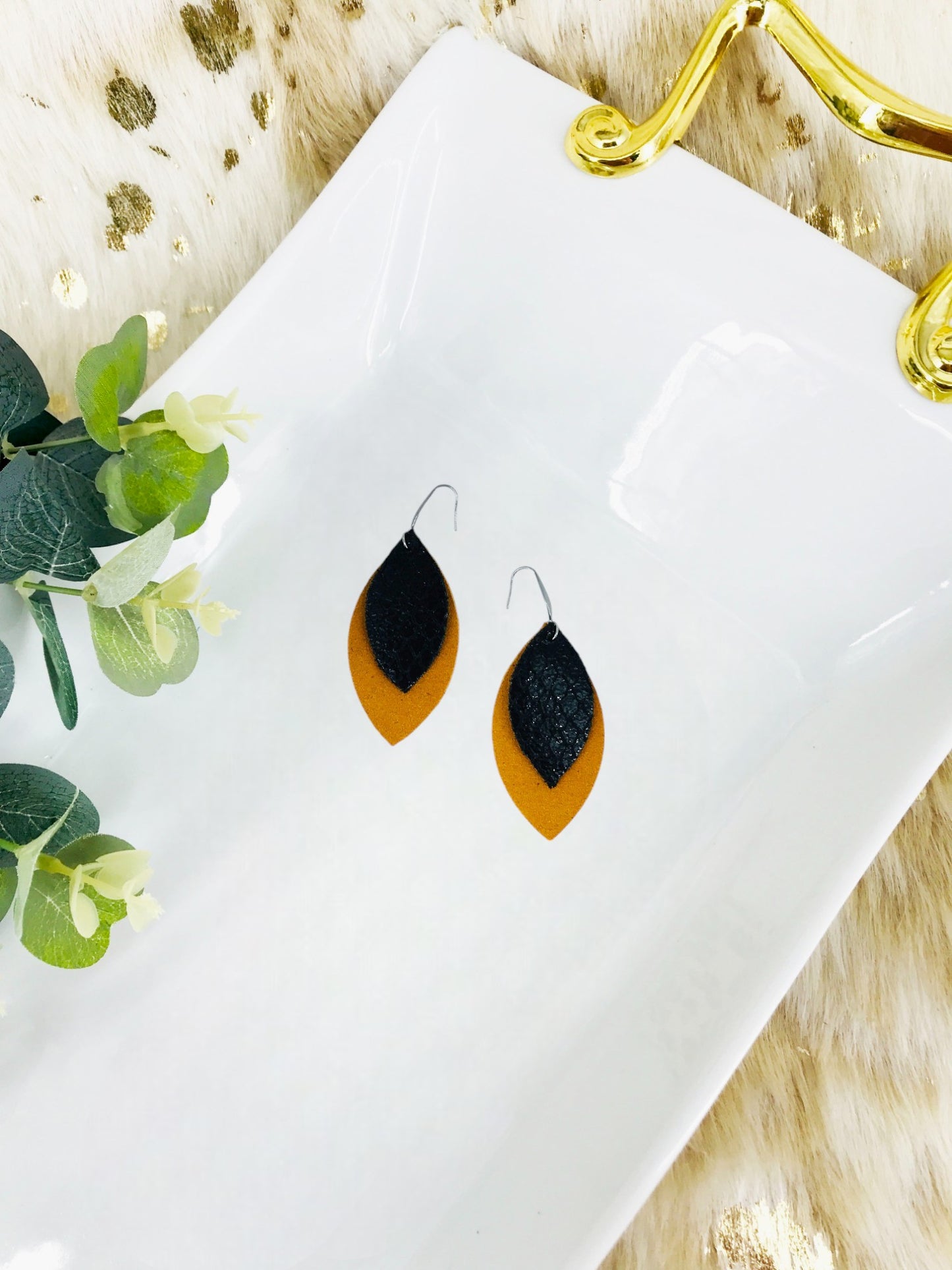Dark Mustard Suede Leather and Fish Net Black Leather Earrings - E19-1449