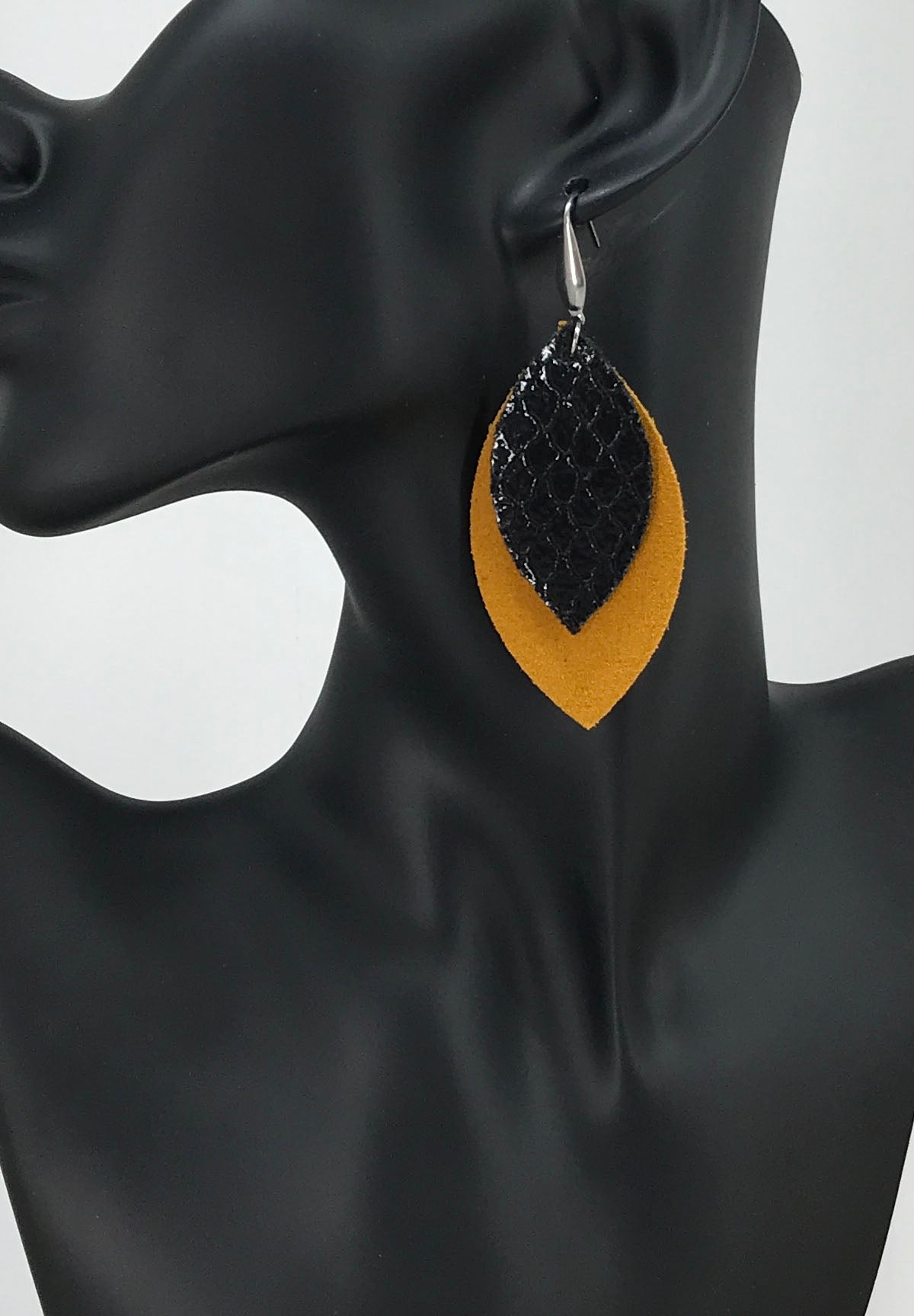 Dark Mustard Suede Leather and Fish Net Black Leather Earrings - E19-1449