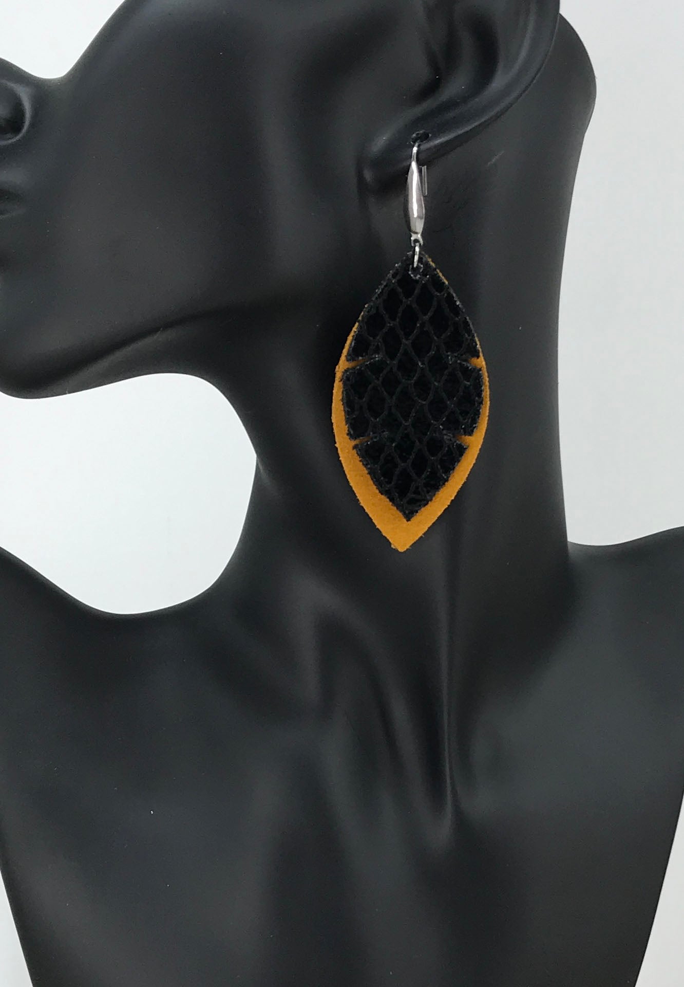 Mustard Suede Leather and Fish Net Pattern Leather Earrings - E19-1455