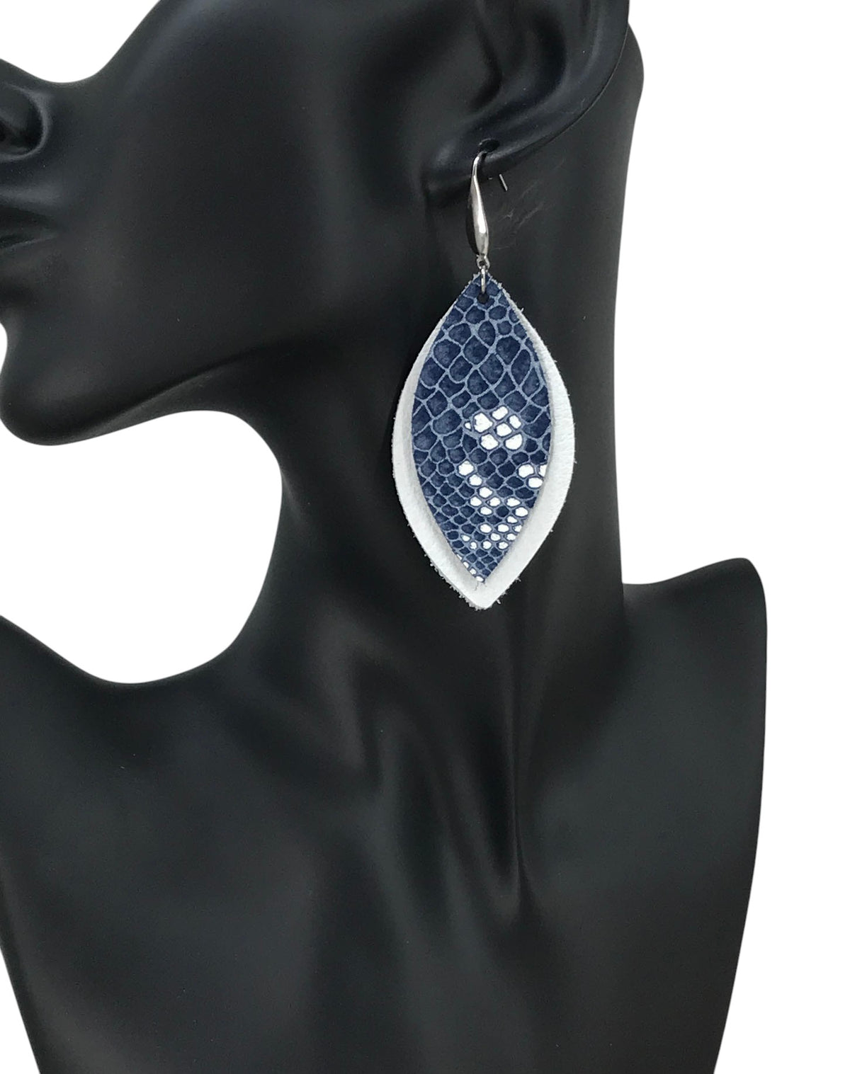 White and Navy Snake Leather Earrings