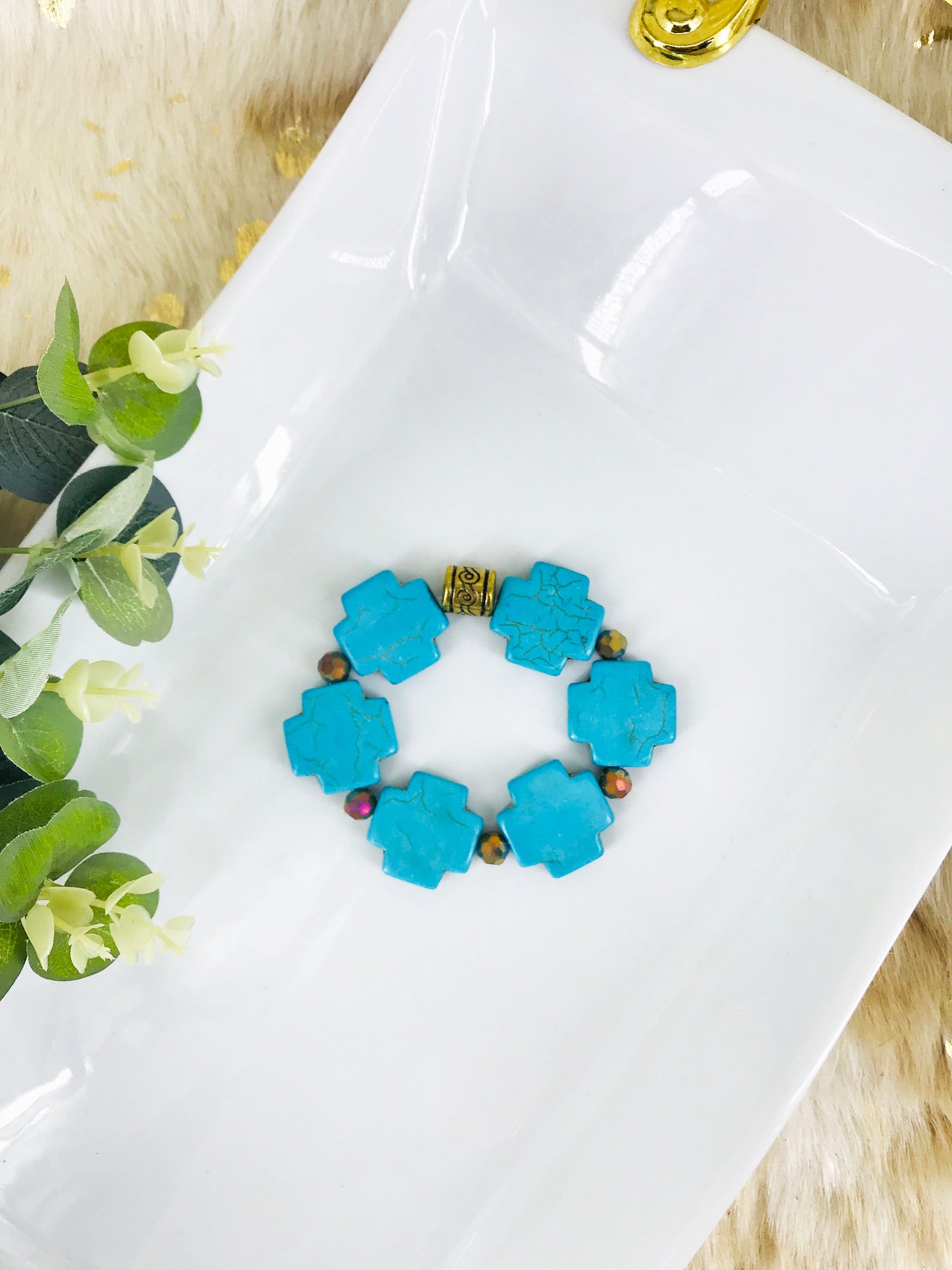Big & Bold Collection Turquoise Cross Stretchy Bracelet - B1485