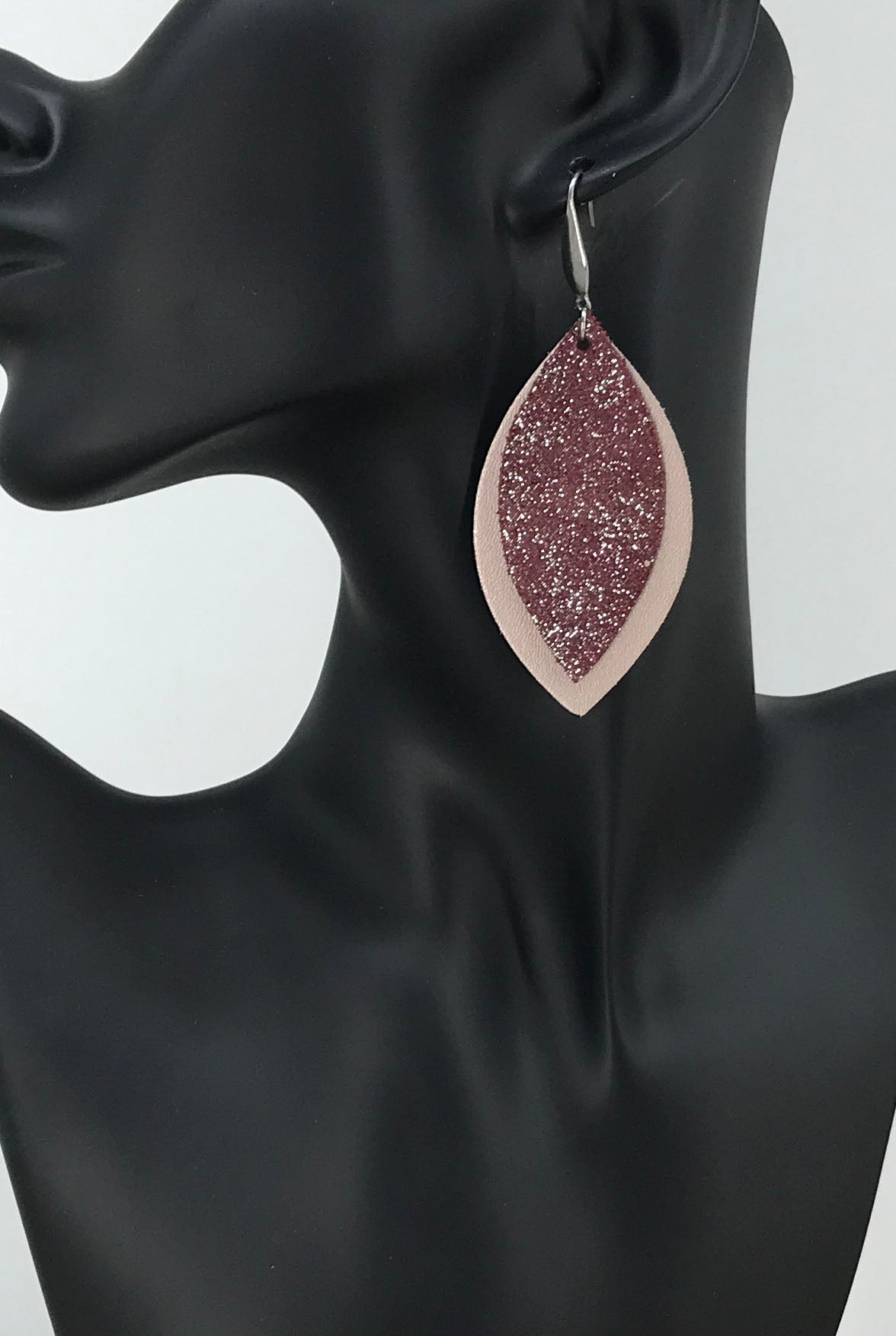 Metallic Rose Gold and Dark Raspberry Leather Earrings - E19-1493