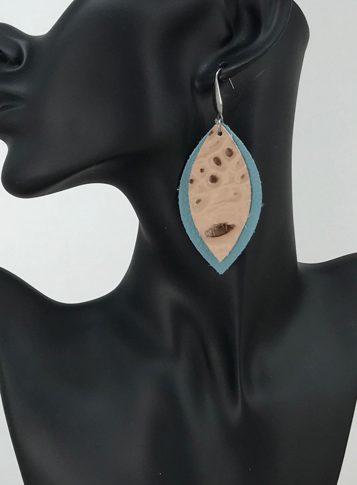 Peacock Blue Tan Layered Earrings
