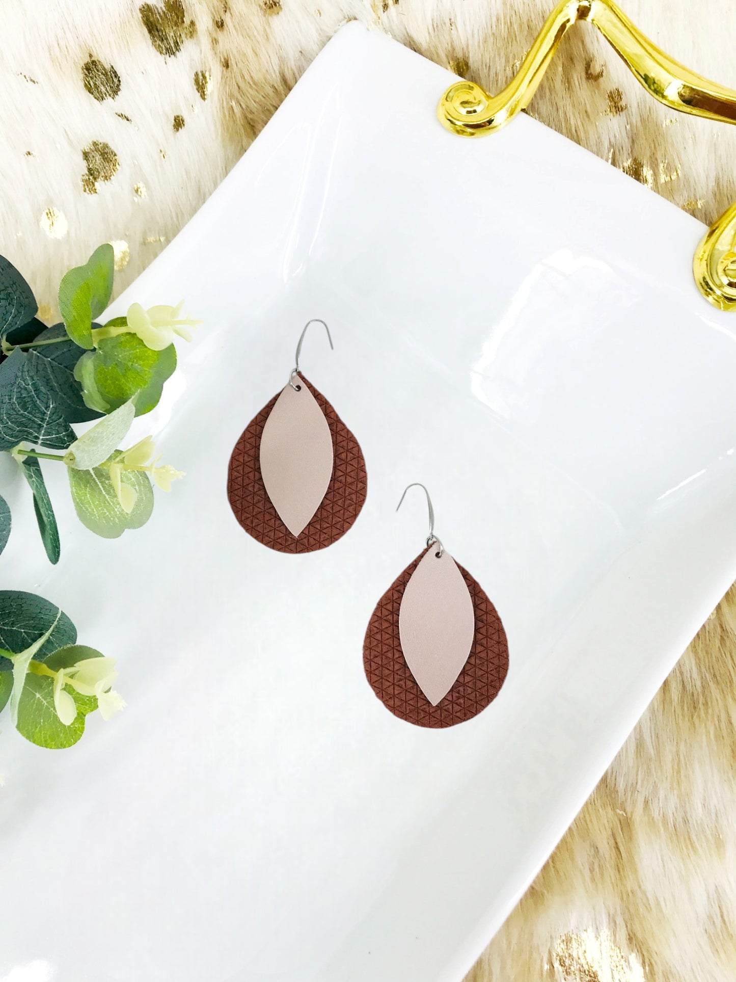 Cinnamon Italian Leather and Rose Gold Leather Earrings - E19-1501