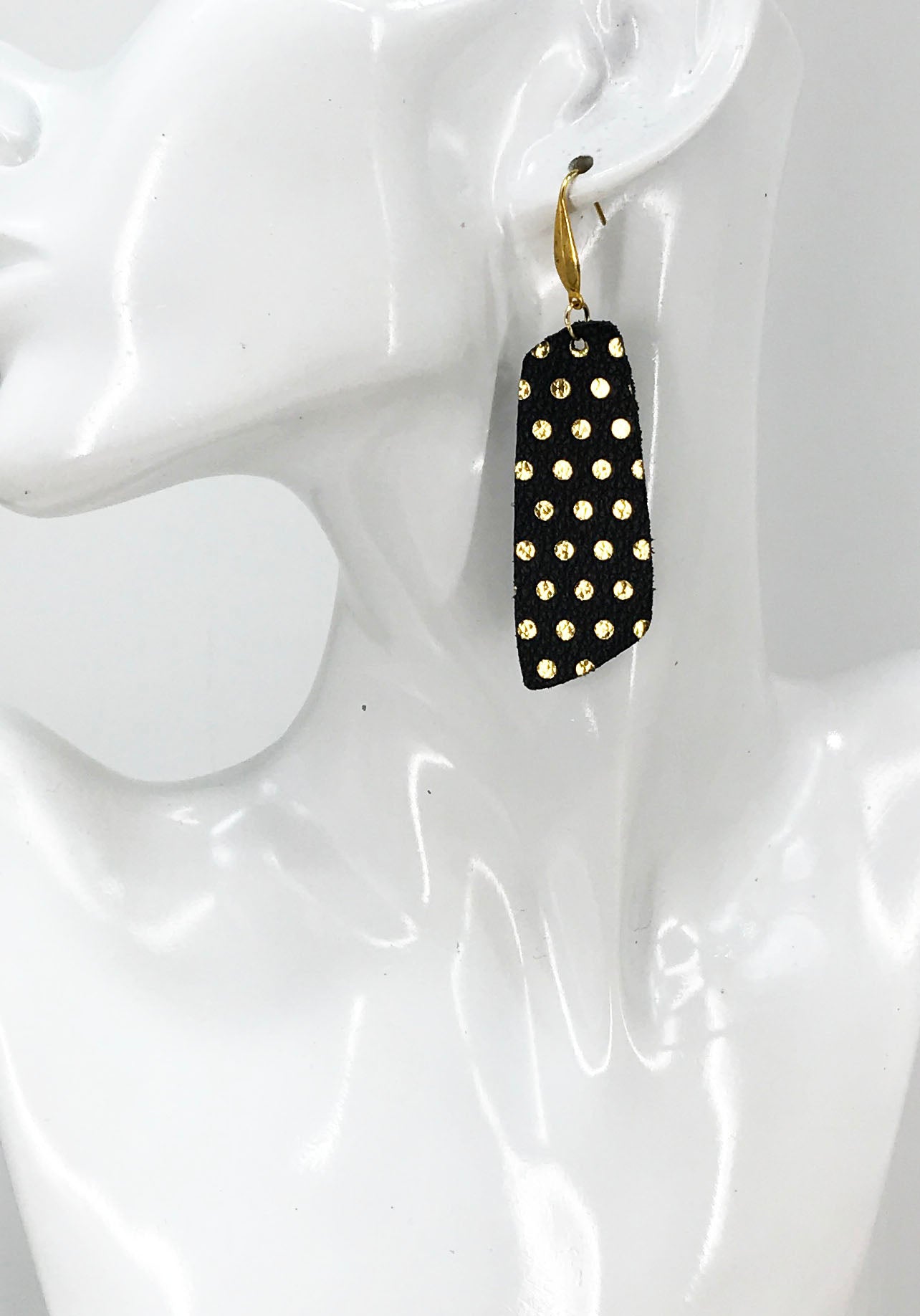 Gold Polka Dots on Black Leather Earrings - E19-1543