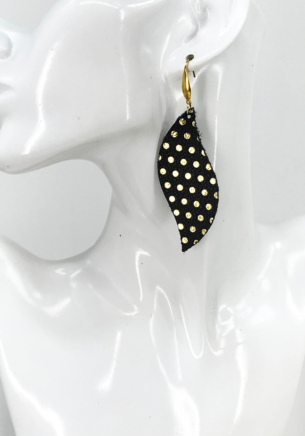 Gold Polka Dots on Black Leather Earrings - E19-1557