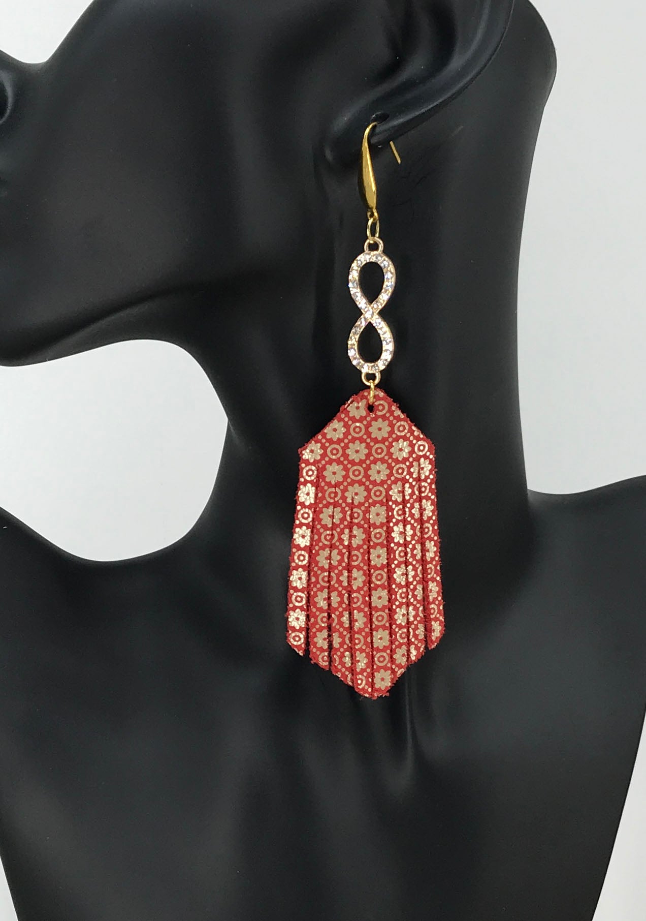 Floral Gold Leather and Rhinestone Earrings - E19-1563