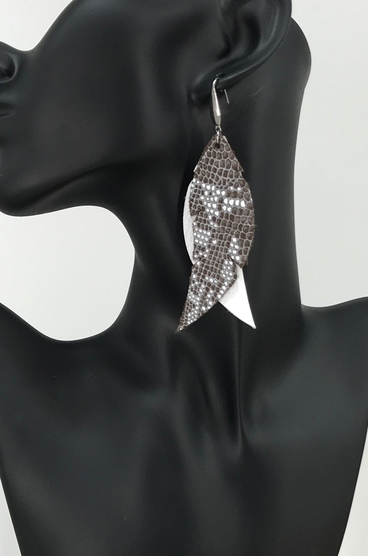 White and Brown Frosted Snake Leather Earrings