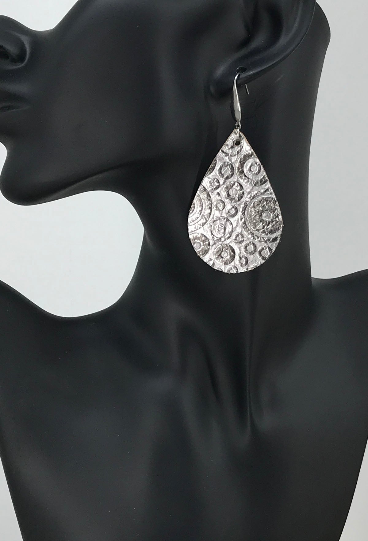 Metallic Grey Embossed Leather Earrings - E19-1585