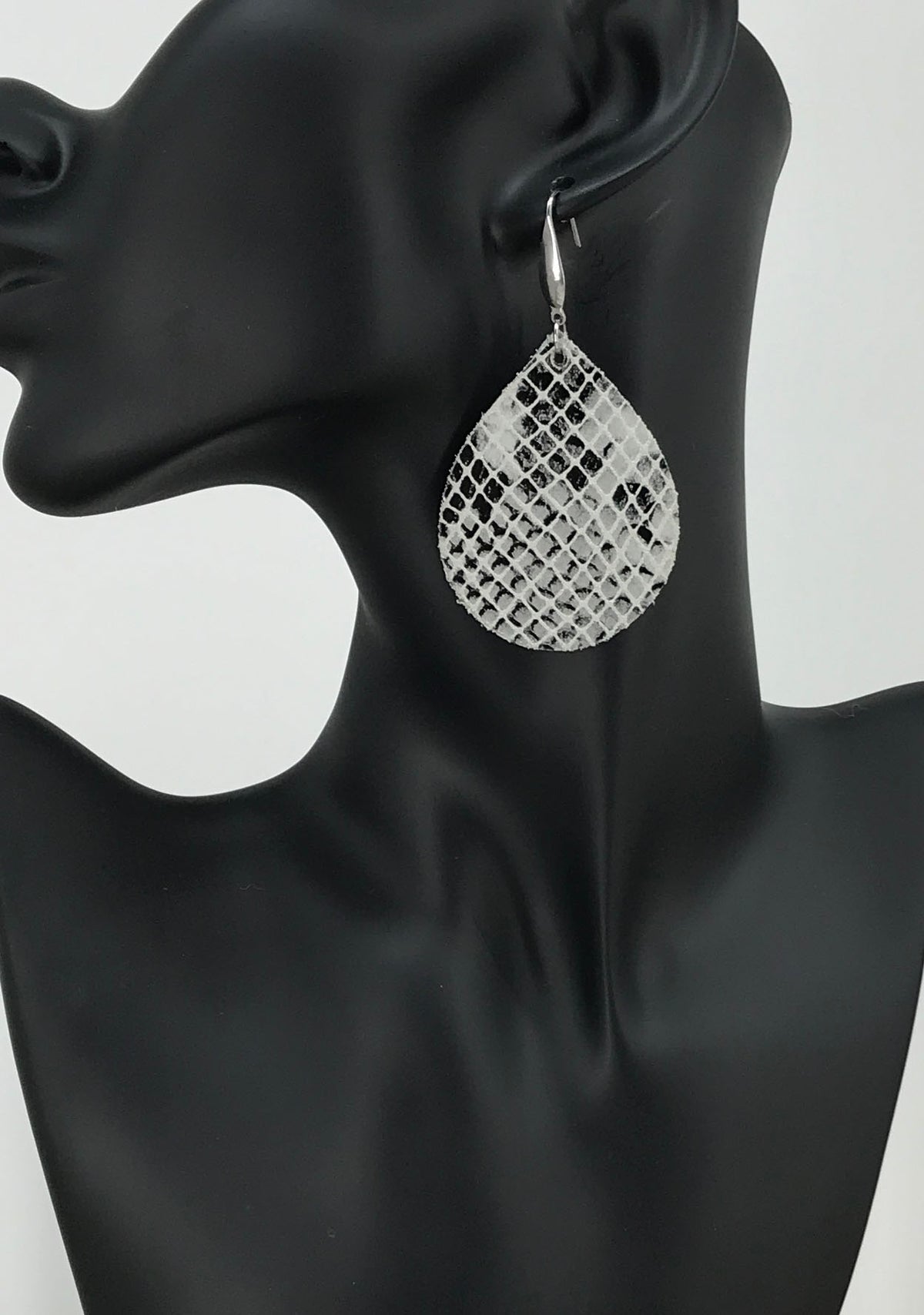 Black White and Gray Snake Teardrop Leather Earrings