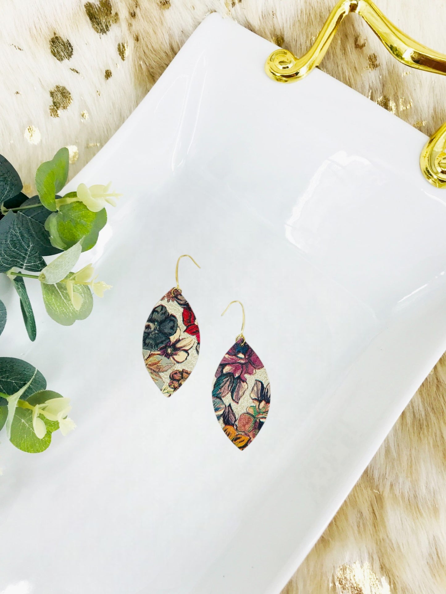 Floral on Gold Leather Earrings - E19-1632