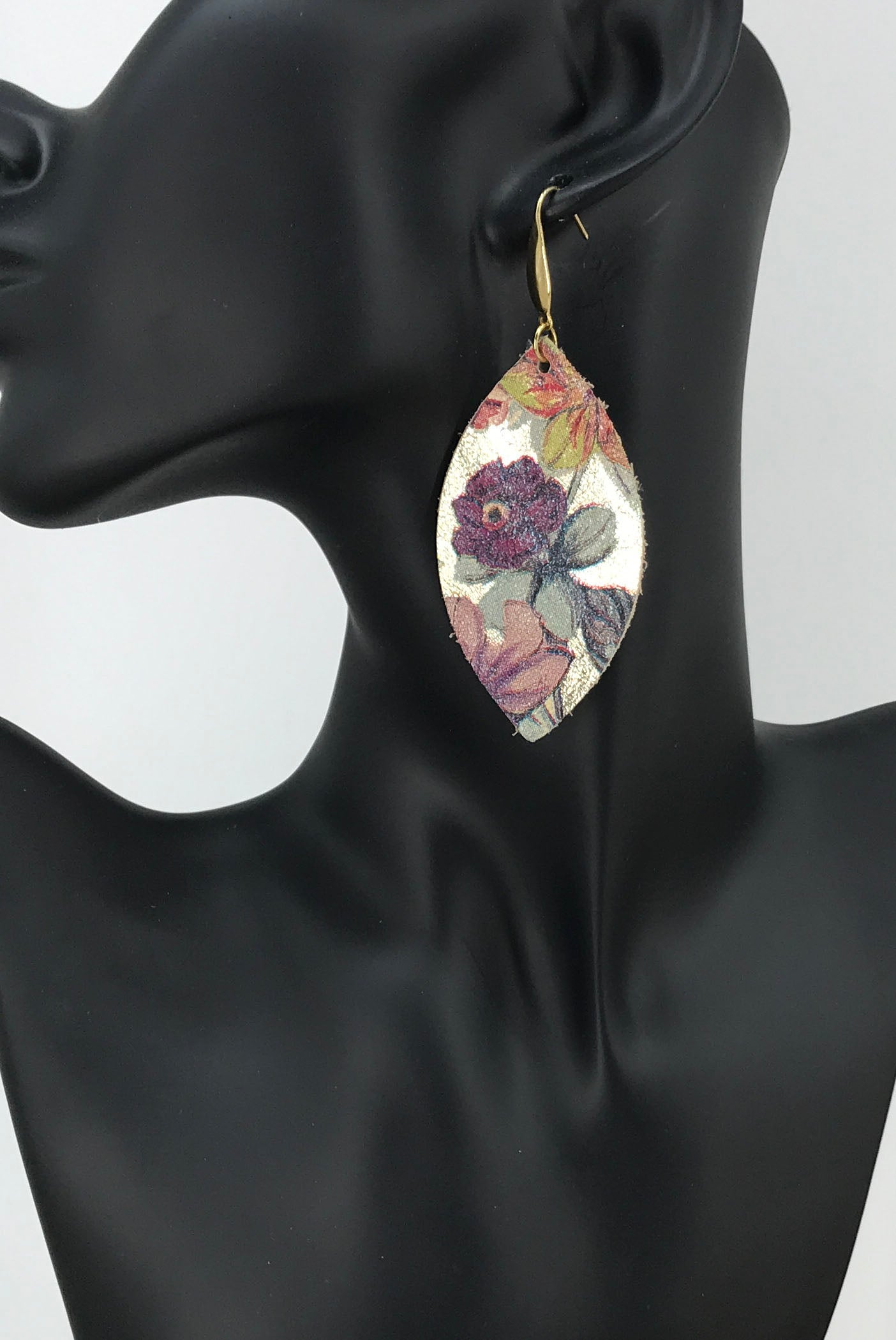 Floral on Gold Leather Earrings - E19-1632