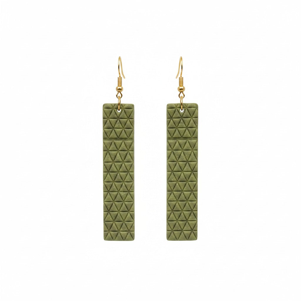 Olive Khaki Mini Triangle Bar Leather Earrings