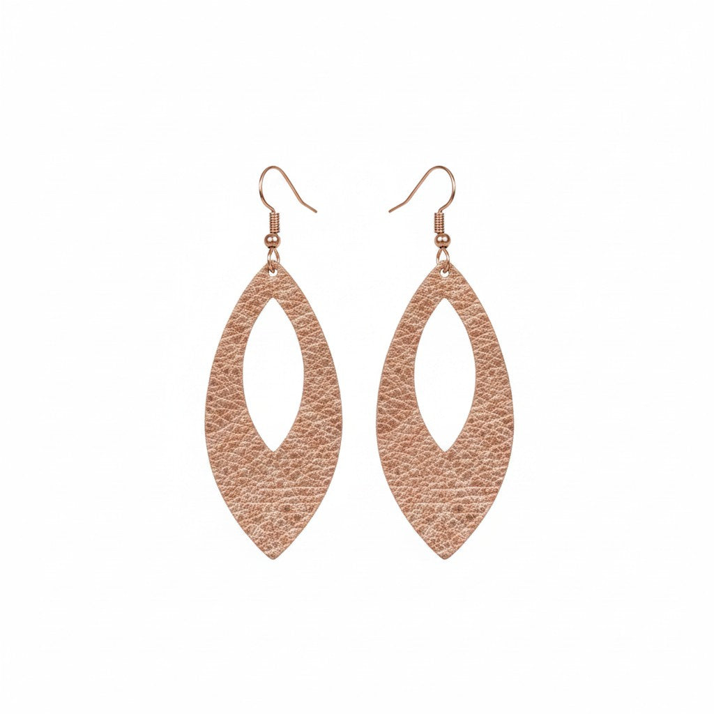 Pebbled Rose Gold Open Leaf Leather Earrings