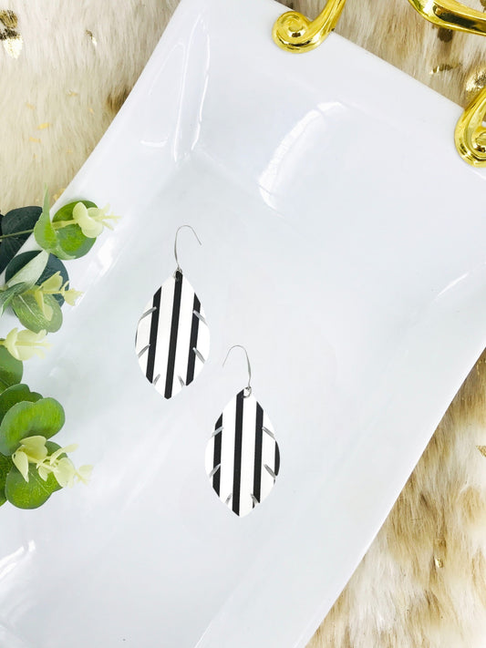 Matte Black and White Straight Striped Leather Earrings - E19-1660