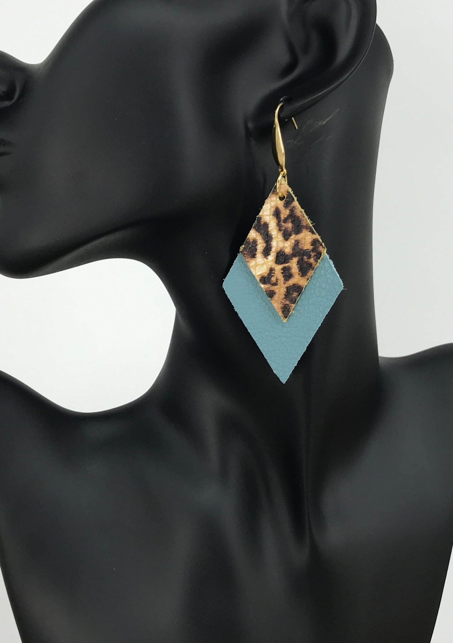 Peacock Blue Leather and Cheetah Leather EarringsE19-1683