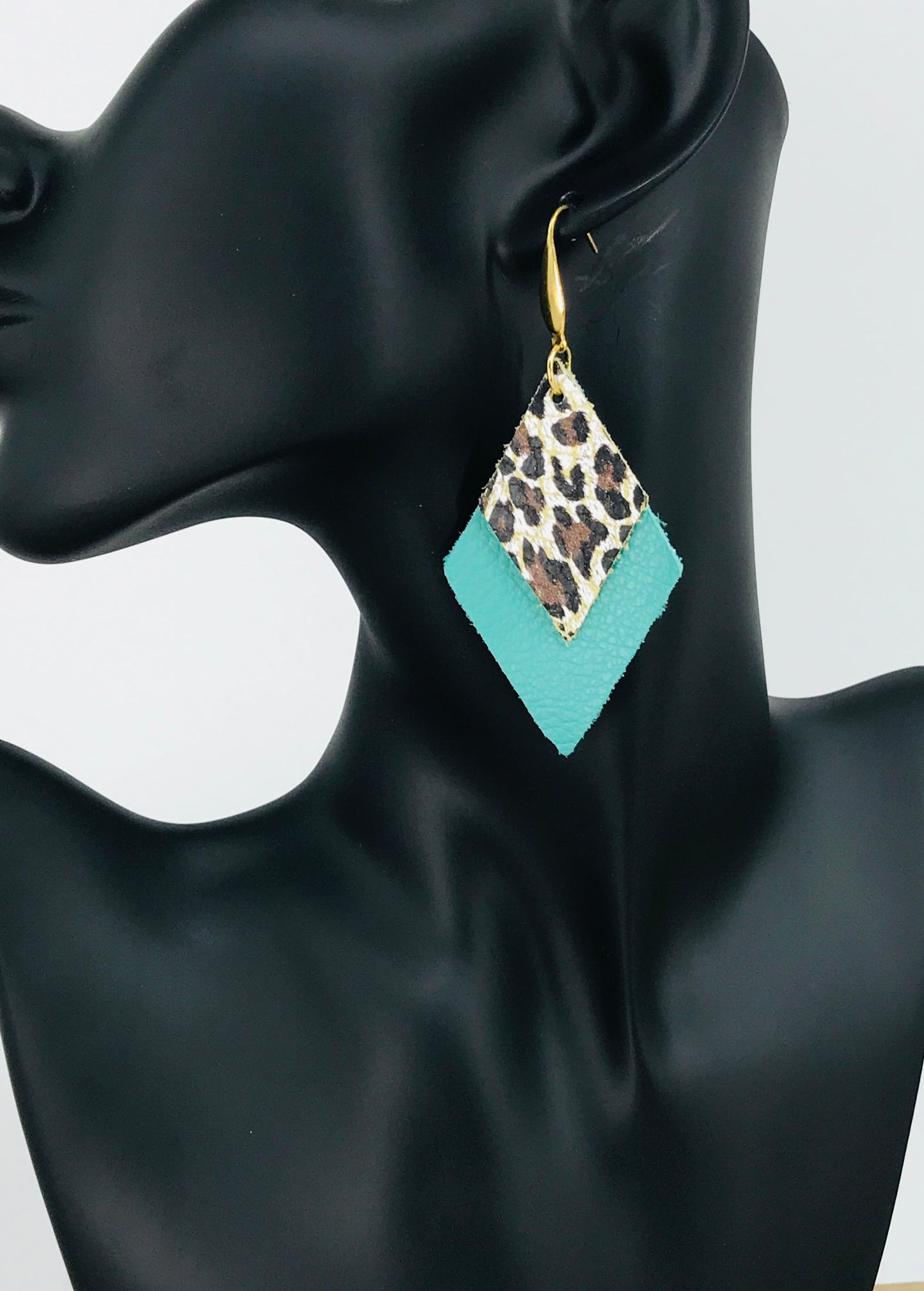 Aqua Leather and Cheetah Pring Leather Earrings - E19-1691