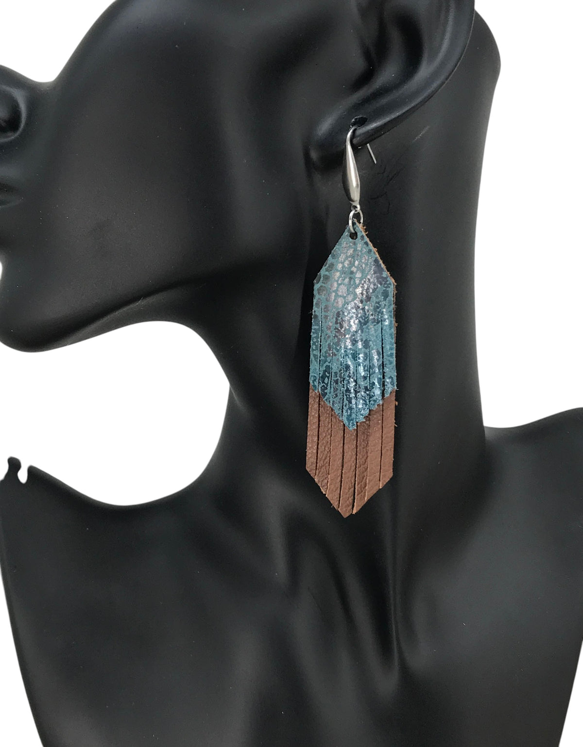 Turquoise Snake Print and Light Brown Fringe Leather Earrings