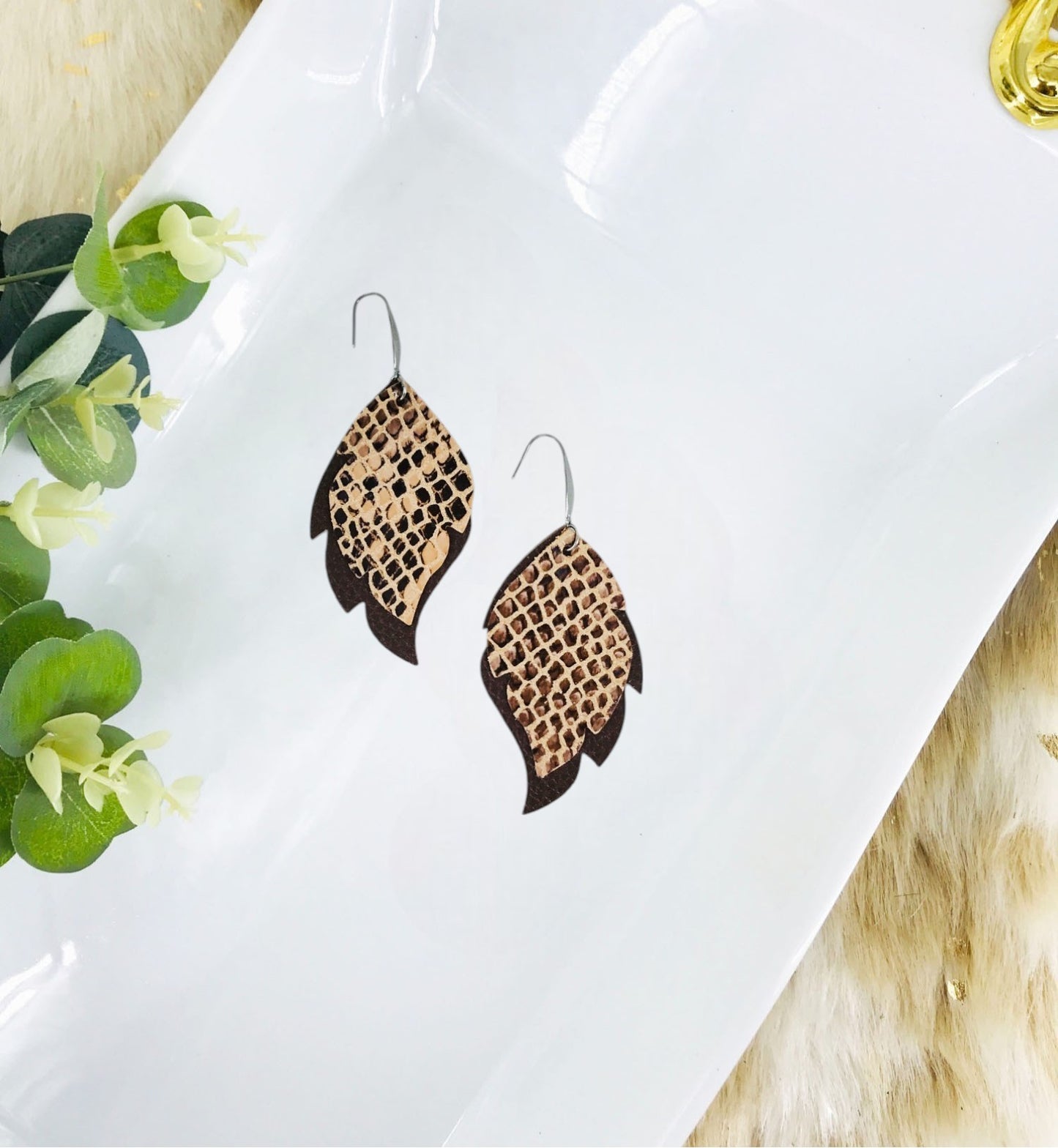Brown Leather and Peach Snake Skin Leather Earrings - E19-1712