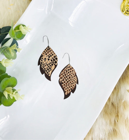 Brown Leather and Peach Snake Skin Leather Earrings - E19-1712