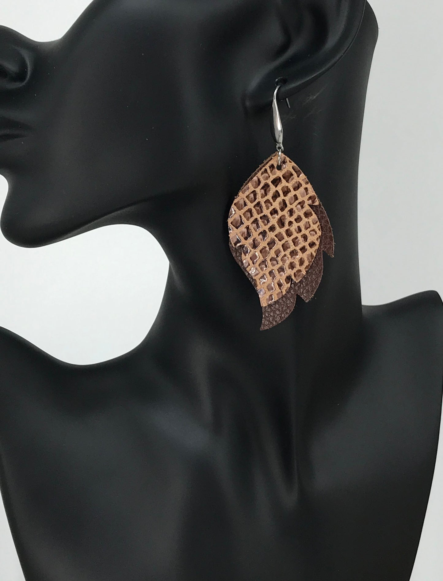 Brown Leather and Peach Snake Skin Leather Earrings - E19-1712