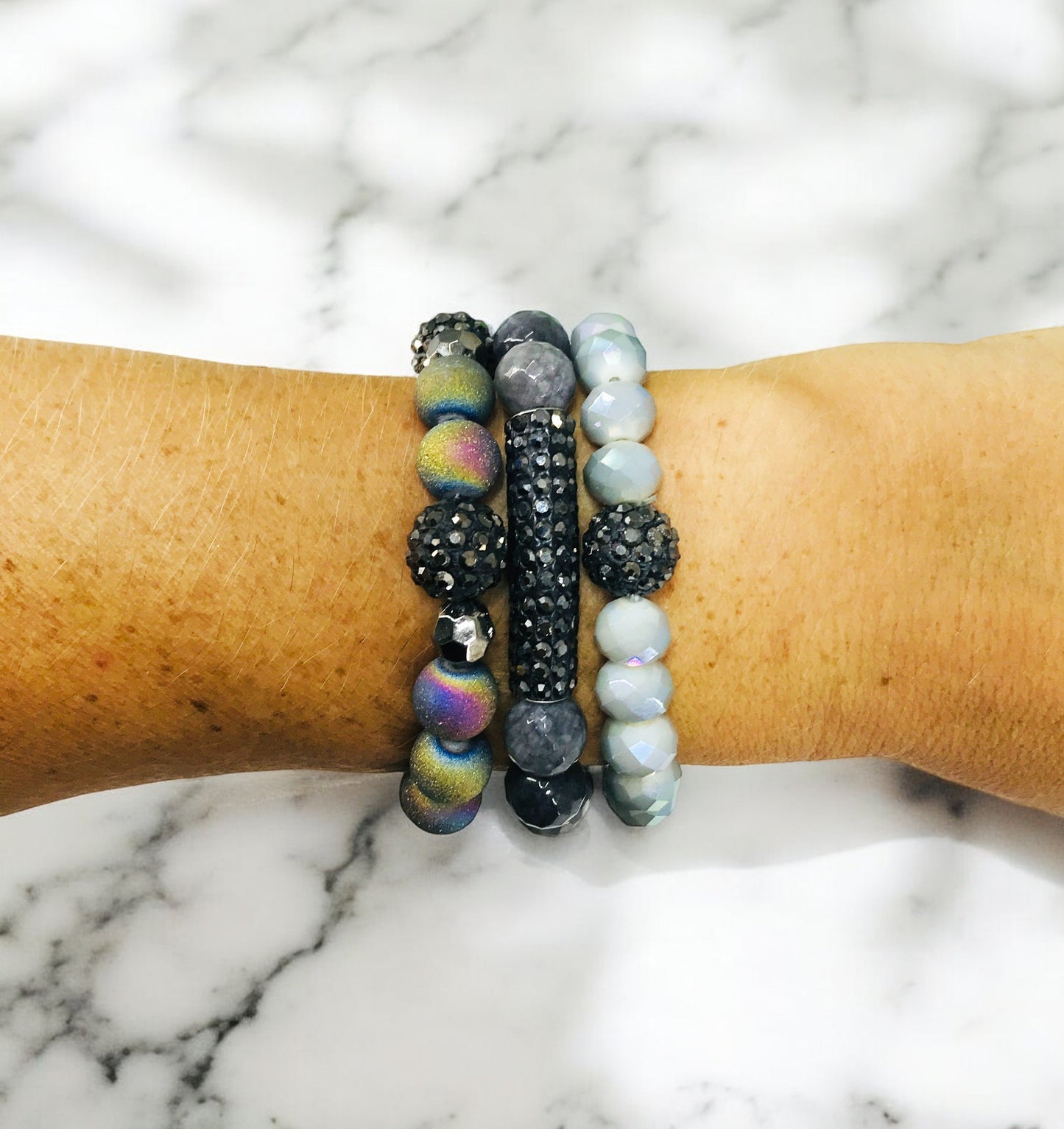 Smoky Ice Glass Bead Stack Bracelet Set